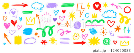 Pencil brush shape line element set. Hand drawn sketch doodle crayon kid chalk texture color element arrow,.heart, crown shape. Chalk pencil brush texture background. Vector Pencil brush shape line element set. Hand drawn sketch doodle crayon kid chalk texture color element arrow,.heart, crown shape. Chalk pencil brush texture background. Vector 124030088