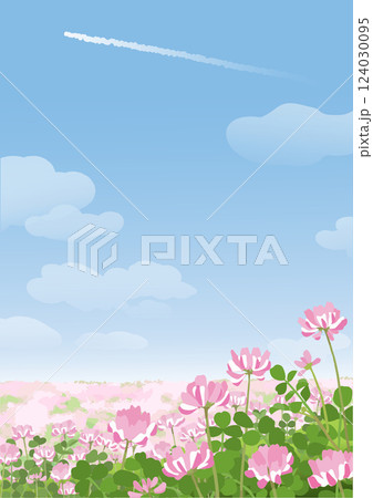 飛行機雲の青空のもと広がるれんげ畑 遠近感のある背景イラスト 飛行機雲の青空のもと広がるれんげ畑 遠近感のある背景イラスト 124030095