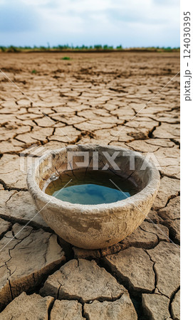 Cracked water bowl with water inside on dry, parched earth under cloudy sky Cracked water bowl with water inside on dry, parched earth under cloudy sky 124030395