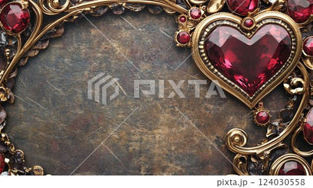 ゴールド装飾の赤い宝石ハート 124030558