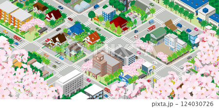 桜咲く春の街並みのイラスト. アイソメ図. 桜咲く春の街並みのイラスト. アイソメ図. 124030726