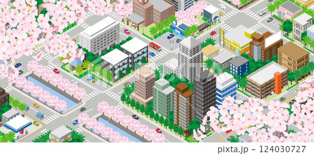 桜咲く春の街並みのイラスト. アイソメ図. 124030727
