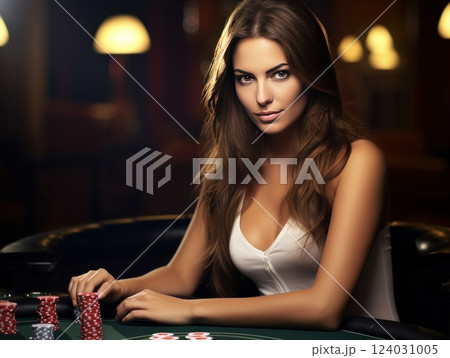 A confident woman poker player is sitting at a casino table surrounded by stacks of chips 124031005