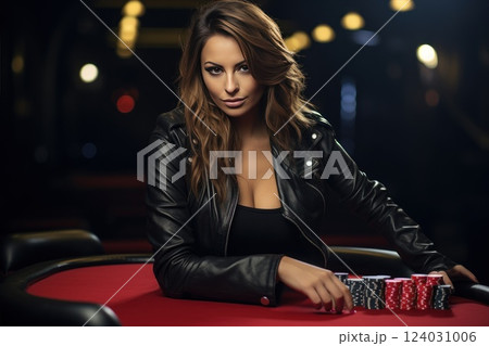 A confident woman poker player is sitting at a casino table surrounded by stacks of chips 124031006