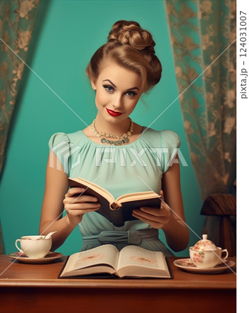 A sophisticated woman elegantly enjoying a book with tea cups in a charming and graceful setting 124031007