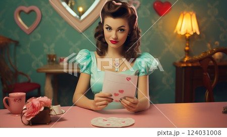 Vintage Beauty Glamour Retro Woman with Classic Makeup and Vintage hairstyle is sitting at a table and reading a love letter 124031008