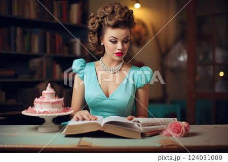 Vintage Beauty Glamour Retro Woman with Classic Makeup and Vintage hairstyle is sitting at a table and reading a book 124031009