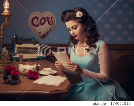 Vintage Beauty Glamour Retro Woman with Classic Makeup and Vintage hairstyle is sitting at a table and reading a love letter 124031010