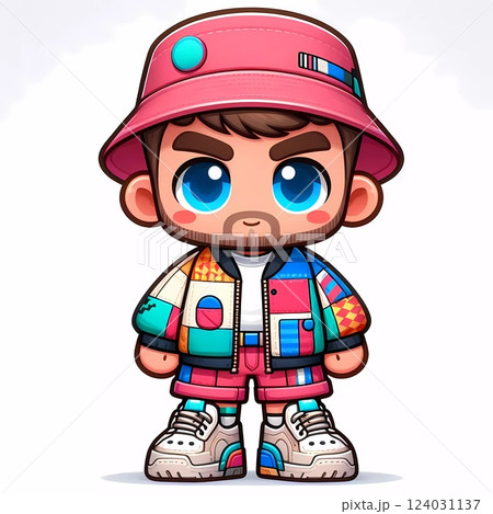Cute Cartoon Boy Wearing a Bright Patchwork Outfit Cute Cartoon Boy Wearing a Bright Patchwork Outfit 124031137