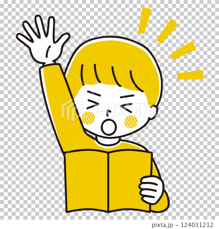 本を読む男の子のイラスト　手を挙げる　笑顔　アピール 124031212