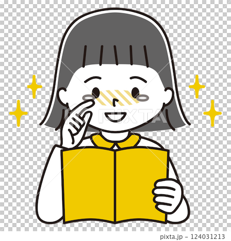 一個女孩在讀書的插圖，感動得流淚，黑髮 124031213