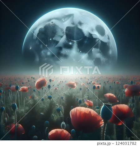 A digital photograph of big moon, view from earth trough a growing poppy. A digital photograph of big moon, view from earth trough a growing poppy. 124031782