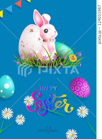 Easter blue illustration with cute bunny and painted eggs 124031967