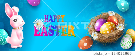 Illustration with Easter eggs in a straw nest and a cute pink bunny Illustration with Easter eggs in a straw nest and a cute pink bunny 124031969
