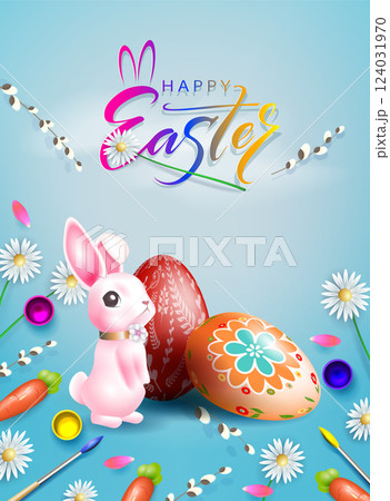Blue composition with a rabbit and patterned Easter eggs 124031970