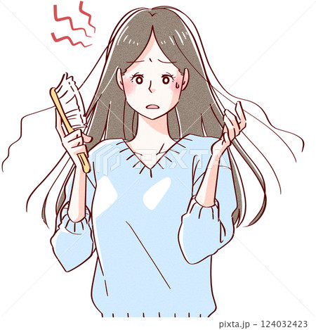 広がる髪に悩む女性 広がる髪に悩む女性 124032423