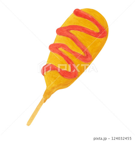 水彩で描いたケチャップ付きのアメリカンドッグ―コーンドッグ―のイラスト 124032455