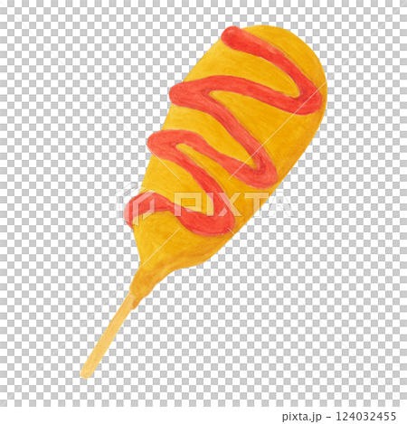 水彩で描いたケチャップ付きのアメリカンドッグ―コーンドッグ―のイラスト 124032455