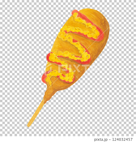 水彩で描いたケチャップとマスタード付きのアメリカンドッグのイラスト 124032457