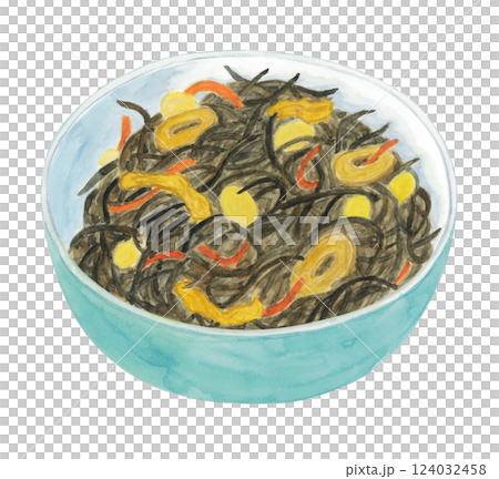 Watercolor illustration of boiled hijiki seaweed Watercolor illustration of boiled hijiki seaweed 124032458