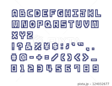 縁取りされたシンプルなドットの英数字と記号のセット アルファベット 文字 ピクセル フォント 縁取りされたシンプルなドットの英数字と記号のセット アルファベット 文字 ピクセル フォント 124032677