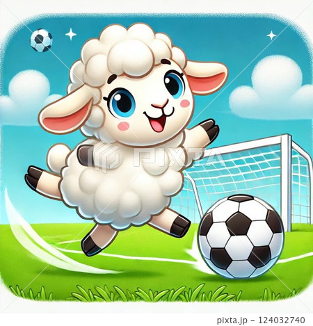 サッカーをする漫画風イラストのかわいい羊 サッカーをする漫画風イラストのかわいい羊 124032740