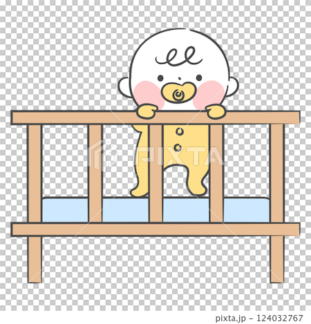 Illustration of a baby standing in bed 124032767