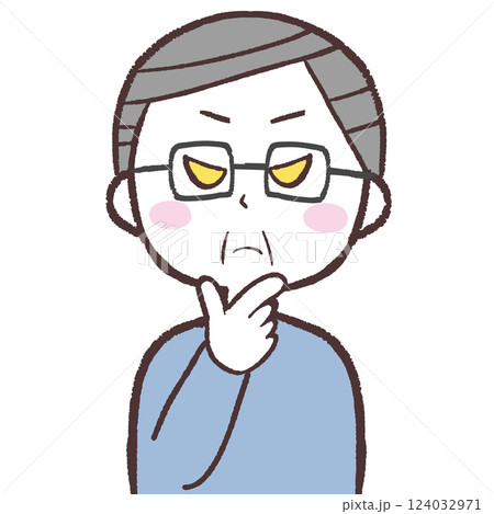 思案するいじわるそうなシニア男性イラスト 124032971