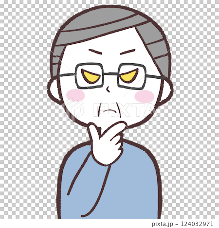 思案するいじわるそうなシニア男性イラスト 124032971