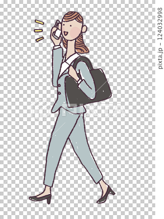 Illustration of a woman in a suit walking while talking on a smartphone Illustration of a woman in a suit walking while talking on a smartphone 124032998