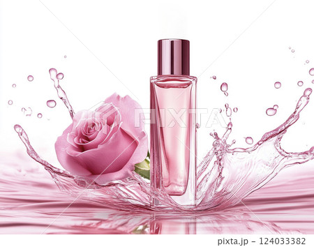 水に浮かぶ薔薇の花と化粧品のボトル AI画像 水に浮かぶ薔薇の花と化粧品のボトル AI画像 124033382