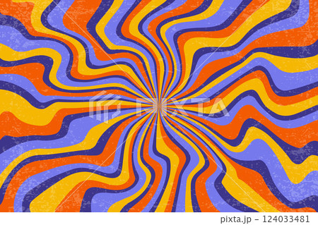 Retro background with spiral bright sunburst. Vector swirl textured radial pattern with rays. Vintage abstract wavy purple and orange striped vortex. 70s funky psychedelic disco bg. 124033481