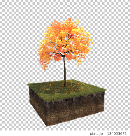 Autumn tree and soil cut under it. isolate on a transparent background, 3D illustration, cg render 124033671