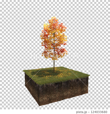 Autumn tree and soil cut under it. isolate on a transparent background, 3D illustration, cg render 124033680
