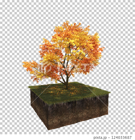 Autumn tree and soil cut under it. isolate on a transparent background, 3D illustration, cg render 124033687