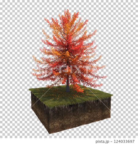 Autumn tree and soil cut under it. isolate on a transparent background, 3D illustration, cg render 124033697
