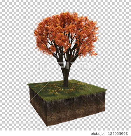 Autumn tree and soil cut under it. isolate on a transparent background, 3D illustration, cg render Autumn tree and soil cut under it. isolate on a transparent background, 3D illustration, cg render 124033698