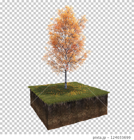 Autumn tree and soil cut under it. isolate on a transparent background, 3D illustration, cg render Autumn tree and soil cut under it. isolate on a transparent background, 3D illustration, cg render 124033699