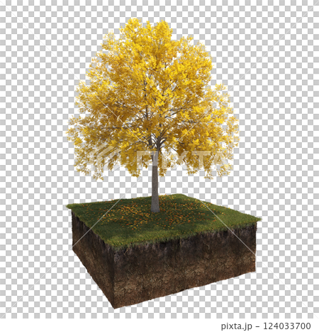 Autumn tree and soil cut under it. isolate on a transparent background, 3D illustration, cg render 124033700