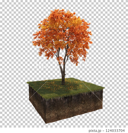 Autumn tree and soil cut under it. isolate on a transparent background, 3D illustration, cg render 124033704