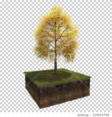 Autumn tree and soil cut under it. isolate on a transparent background, 3D illustration, cg render Autumn tree and soil cut under it. isolate on a transparent background, 3D illustration, cg render 124033706
