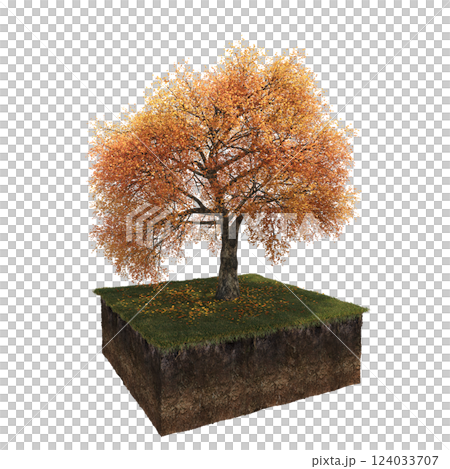 Autumn tree and soil cut under it. isolate on a transparent background, 3D illustration, cg render Autumn tree and soil cut under it. isolate on a transparent background, 3D illustration, cg render 124033707