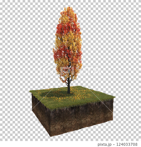 Autumn tree and soil cut under it. isolate on a transparent background, 3D illustration, cg render Autumn tree and soil cut under it. isolate on a transparent background, 3D illustration, cg render 124033708