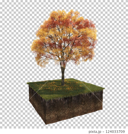 Autumn tree and soil cut under it. isolate on a transparent background, 3D illustration, cg render Autumn tree and soil cut under it. isolate on a transparent background, 3D illustration, cg render 124033709