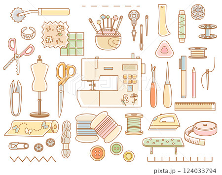 ミシンや針山などの裁縫道具のイメージしたイラストのセット　線画とカラーを組み合わせたバージョン 124033794