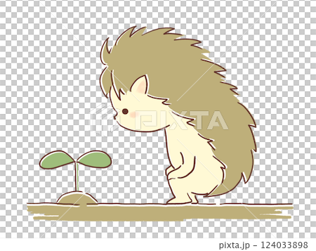 Illustration of a hedgehog looking at two leaves 124033898