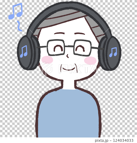 Illustration of a senior man with glasses listening to music with headphones Illustration of a senior man with glasses listening to music with headphones 124034033
