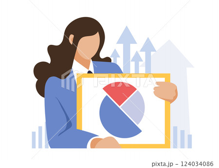 Businesswoman holding board with chart. Professional growth and work success concept, data analysis and planning presentation. Flat vector business illustration. Businesswoman holding board with chart. Professional growth and work success concept, data analysis and planning presentation. Flat vector business illustration. 124034086