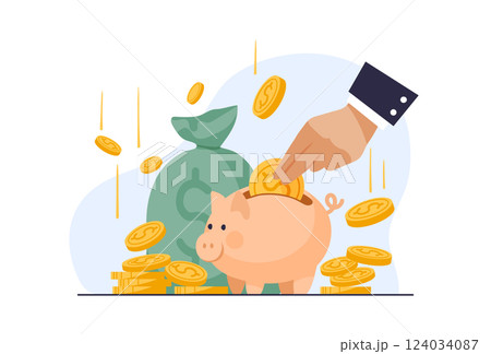 Bags of money, man putting coin into piggy bank, concept of income, profitable bank deposit, budget saving, business development. Flat vector cartoon illustration. 124034087