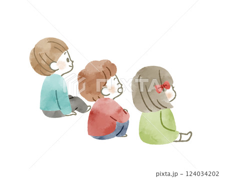 座っている3人の子供-水彩 124034202